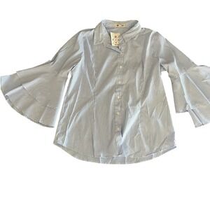 Blue Mood Womens Striped Bell Sleeve Button Down Shirt XL Blue